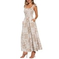 thumbnail image 4 of INSPIRE CHIC Summer Printed Dress for Women's Spaghetti Strap Square Neck A-Line Long Maxi Dresses L Khaki, 4 of 6