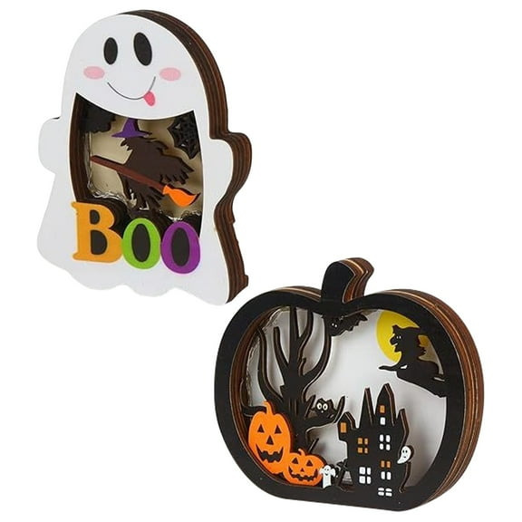 Celebrate Halloween Halloween Pumpkin Shaped Wooden LED Light Decor, Spooky Haunted House, Witch, Bat, and Ghost Tabletop Ornament for Indoor PartiesLets Celebrate Halloween Halloween Party Decoratio