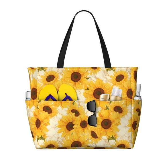 Naloa Vintage Marble Pattern Sunflower Large Capacity Beach Bag, Waterproof Sandproof Beach Swim Pool Bag Tote Bag for Women