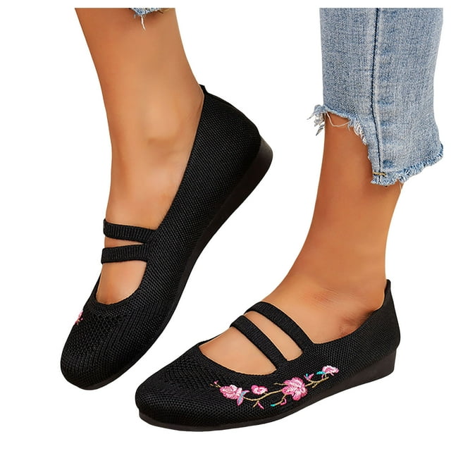 Ballerines pour Femmes Confortables à Fleurs Brodées, Chaussures de Robe à Bout Rond, à Enfiler, Ballerines de Marche, Petits Talons Compensés