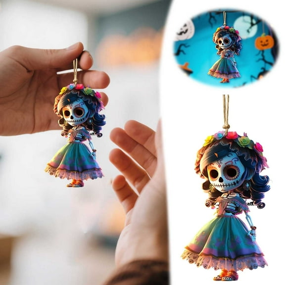 YaoZQ Day Of The Dead Ornaments For Halloween Tree And Car Decor Sugar Skull Doll Hanging With Colorful Flowers Dia De Los Muertos Themed Party Supplies 2D Flat Acrylic Gothic Punk Decoration