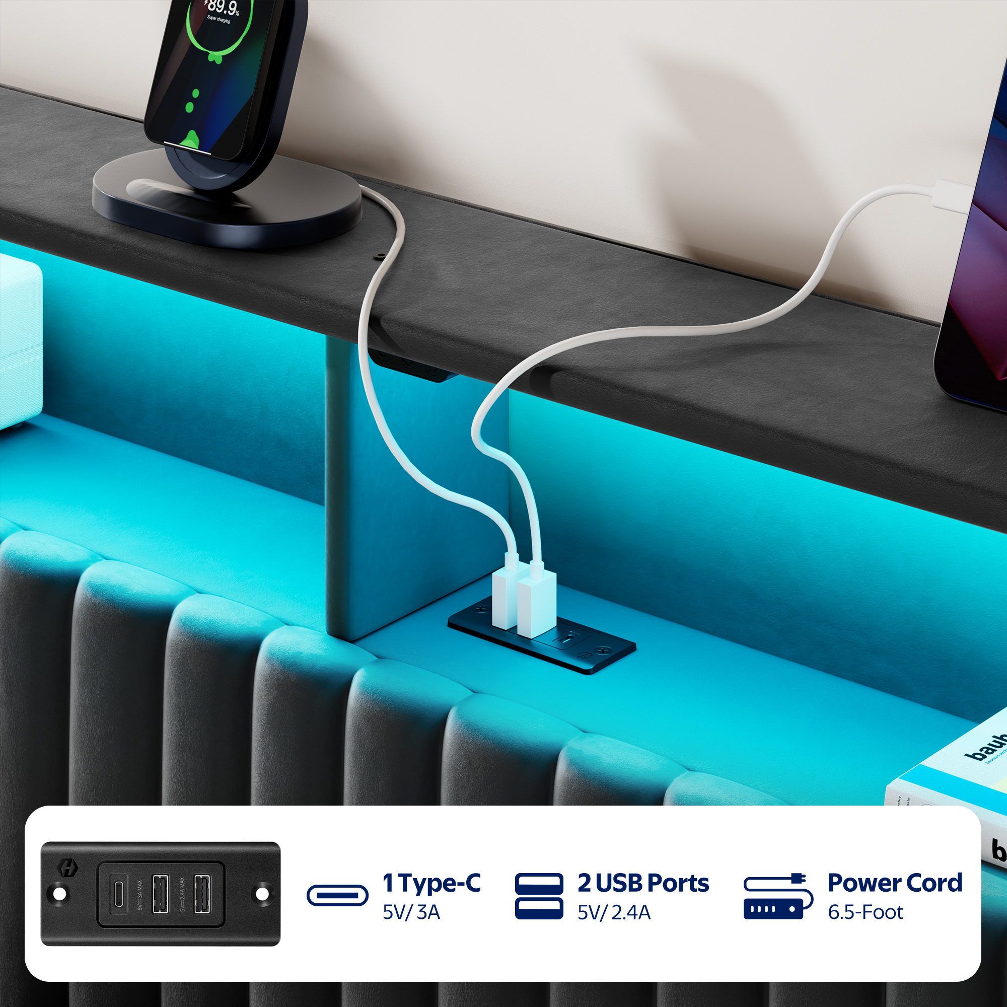 Greenstell Full Size Adjustable Storage Headboard Only - Modern Upholstered Head Board with LED Lights, Charging Station & Soft Padding, Black
