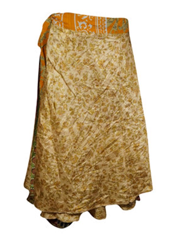 Mogul Womens Short Sari skirt, Peach Floral Summer Skirt One size