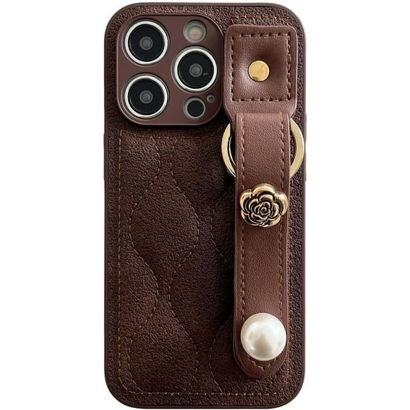 Retro Rose Brown Wristband Phone Case Compatible with iPhone 15 (NOT Pro) 2023 Wavy Striped Puffer Full Camera Protective Slim Trendy Girly i15 6.1" Cover Pearl Wrist Strap