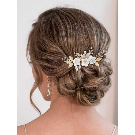 Flower Bride Wedding Hair Comb Bridal Hair Pieces Bride Rhinestones Hair Jewelry Opal Headpieces Bead Side Combs Decorative Hair Accessories for Women and Girls (A-Silver)