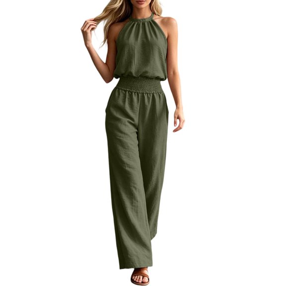 Women's Elegant Sleeveless Backless Tie Waist Wide Leg Jumpsuit for Summer Ready One Piece Army Green L
