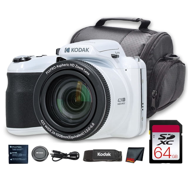 Kodak PIXPRO AZ425 Digital Camera (White) (AZ425WH) + 64GB Card + Bag + Cloth
