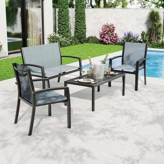 4-Piece Outdoor Patio Furniture Set, Small Bistro Conversation Set with Loveseat, 2 Chairs & Tempered Glass Coffee Table, Rust-Resistant Metal Frame for Balcony, Porch, Garden, Backyard