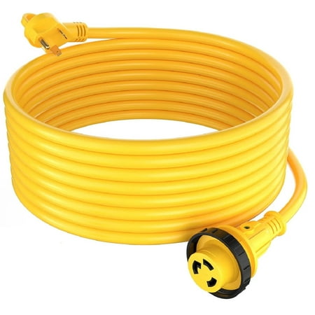 Journeyman-Pro 30A RV Power Extension Cord L530 Locking Female (Safety Yellow), Black Grip Handle w/Power Indicator - 15, 25, 50 Feet Length 125V - 30 AMP, TT-30P to L5-30R(Twist Lock), (15 Feet)