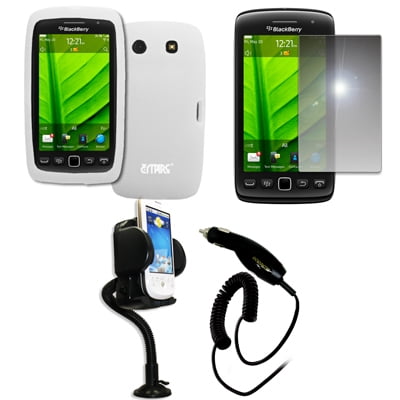 Empire Vents Mirror - EMPIRE White Silicone Skin Case Cover + 360 Degree Rotatable Car Windshield Mount with Air Vent Attachment + Mirror Screen Protector + Car Charger (CLA) for BlackBerry Torch 9850