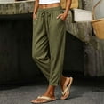 thumbnail image 2 of LEAVINGSUO Linen Pants for Women Summer Casual Drawstring Elastic Waist Pant Loose Wide Leg Button Trousers With Pockets Army Green XXXL, 2 of 8