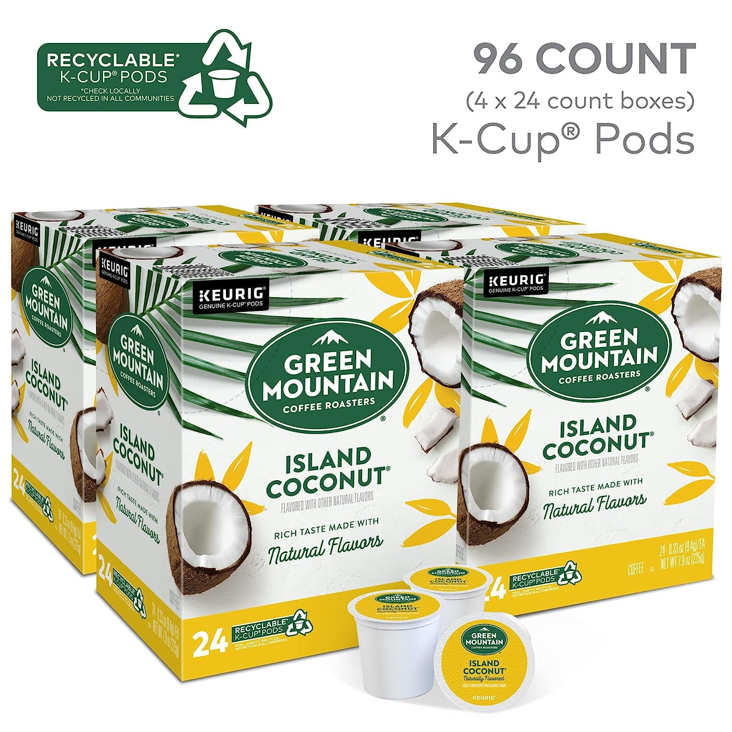Green Mountain Coffee Roasters Island Coconut Keurig Single-Serve K-Cup Pods, Light Roast Coffee, 96 Count (4 Packs of 24)