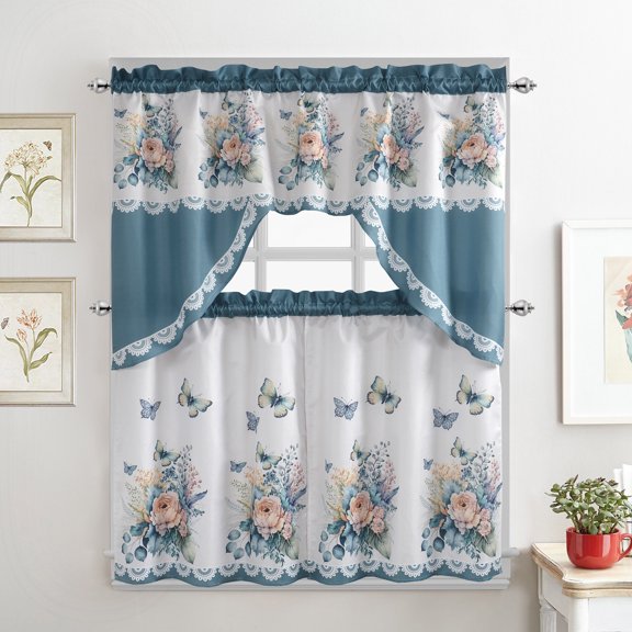 Blue Flower Printed Light Filtering Kitchen Curtains, 58” x 36”