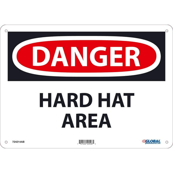 Global Industrial B2332394 Danger Hard Hat Area Aluminum Sign - 10 x 14 in.