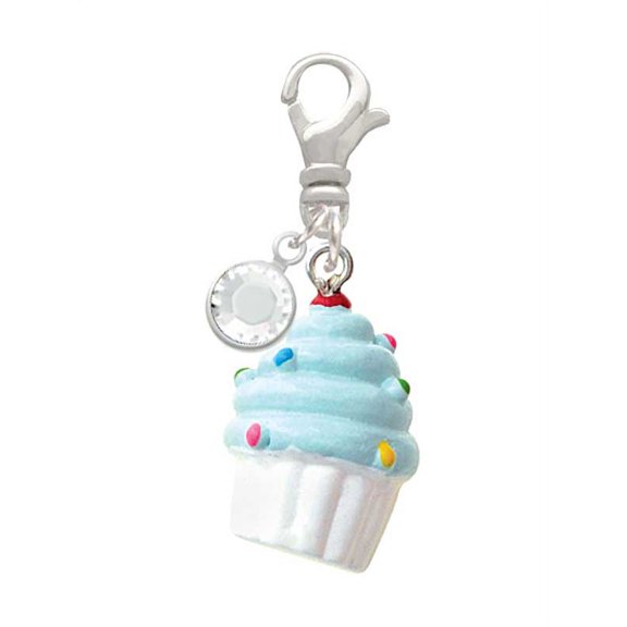 Delight Jewelry Resin White Cupcake with Blue Frosting - Silvertone Clip on Charm with Clear Crystal Drop