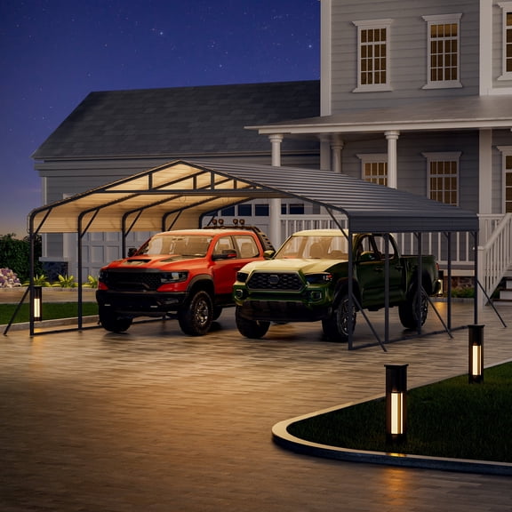 20x20FT Metal Carport, Heavy Duty Carport with Galvanized Steel Roof and Enhanced Base, Upgraded Large Outdoor Canopy, Metal Garage for Cars, Boats, Trucks, Gray (20x20FT)