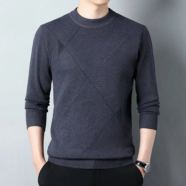 Pull Chaud pour Hommes d'Âge Moyen Automne Hiver Simple Tempérament Jacquard Uni Filetage Col Rond Haut Tricoté