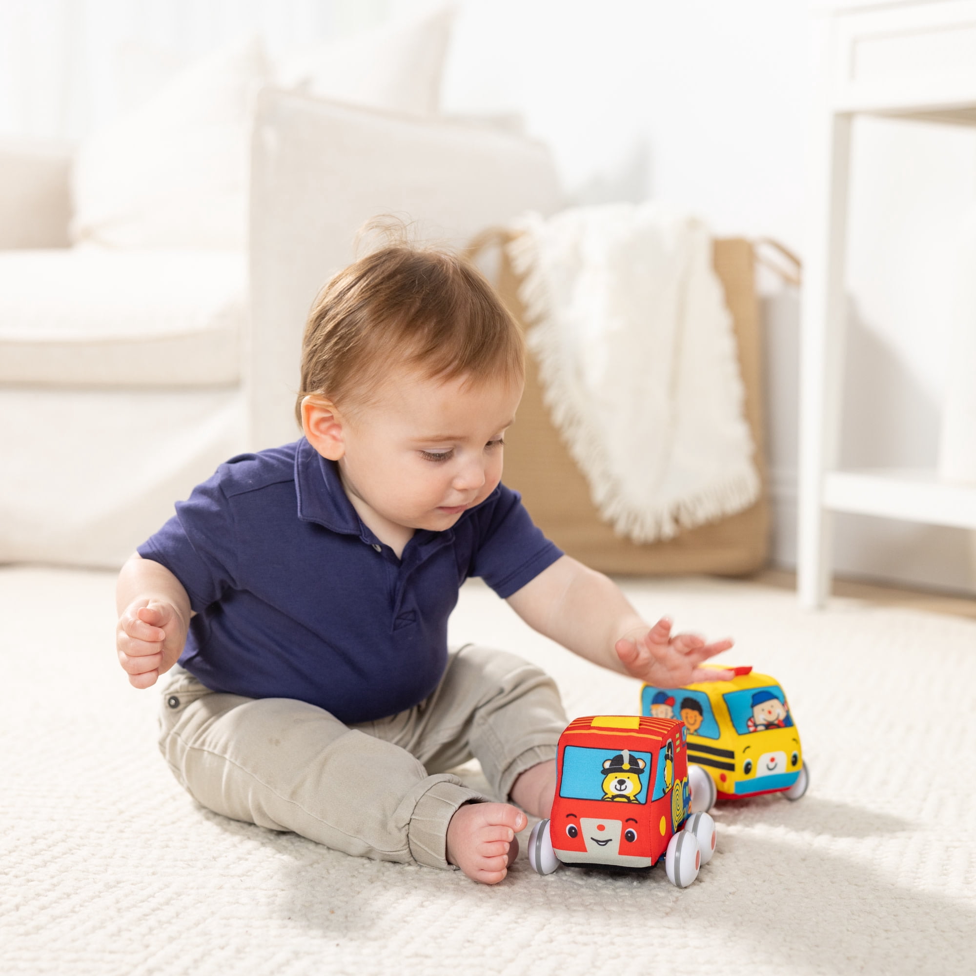 Melissa & Doug K's Kids 2 Pull-Back Vehicles Set - Soft Baby Toy Bus, Fire Engine for Girls, Boys