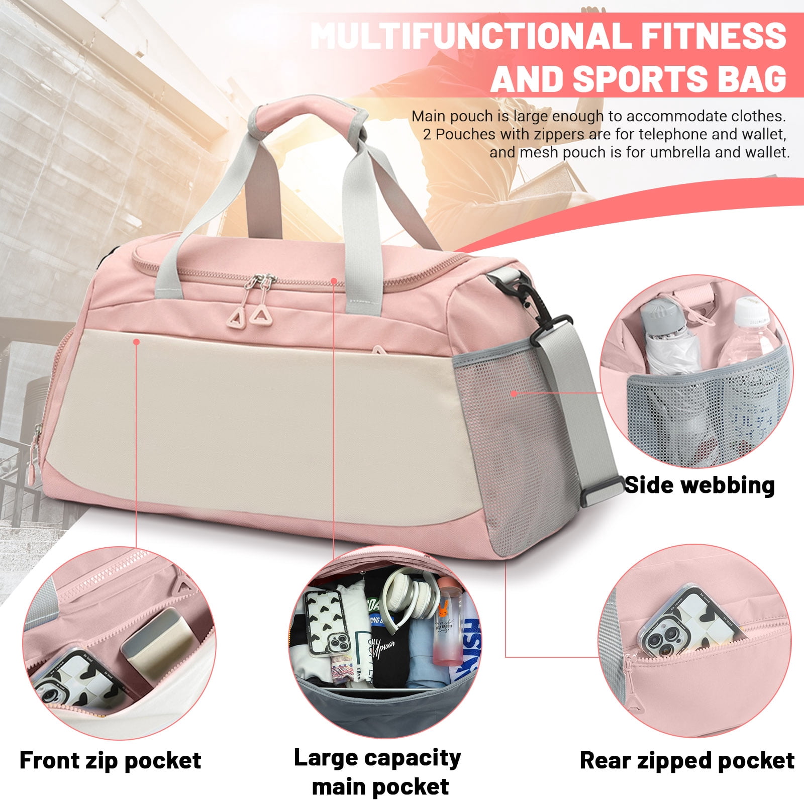 Sports Gym Bag with Wet Pocket & Shoe Compartment, Waterproof Travel Duffel Bags for Women Men, Weekender Carry on Overnight Tote Workout Bag for Yoga Swimming Hospital (Pink)