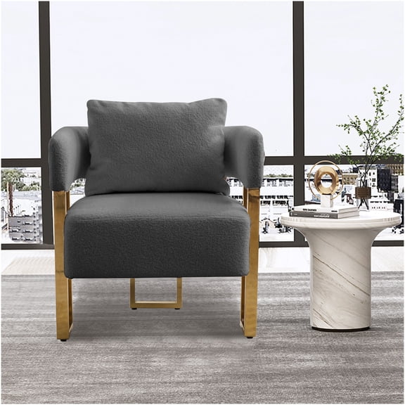 Modern Accent Chair Set of 2, Grey Teddy Fabric Upholstered Side Chairs with Gold Metal Legs for Living Room, Office, Reception