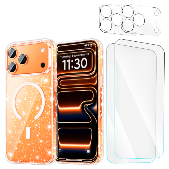 Entronix 5-in-1 Magnetic Glitter Clear Case Compatible with iPhone 17 Pro Max and iPhone 18 Pro Max with 2 Screen Protector and 2 Camera Lens Guard