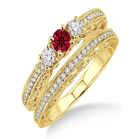 2 Carat Ruby & Diamond Antique Milgrain Bridal set on 10k Yellow Gold