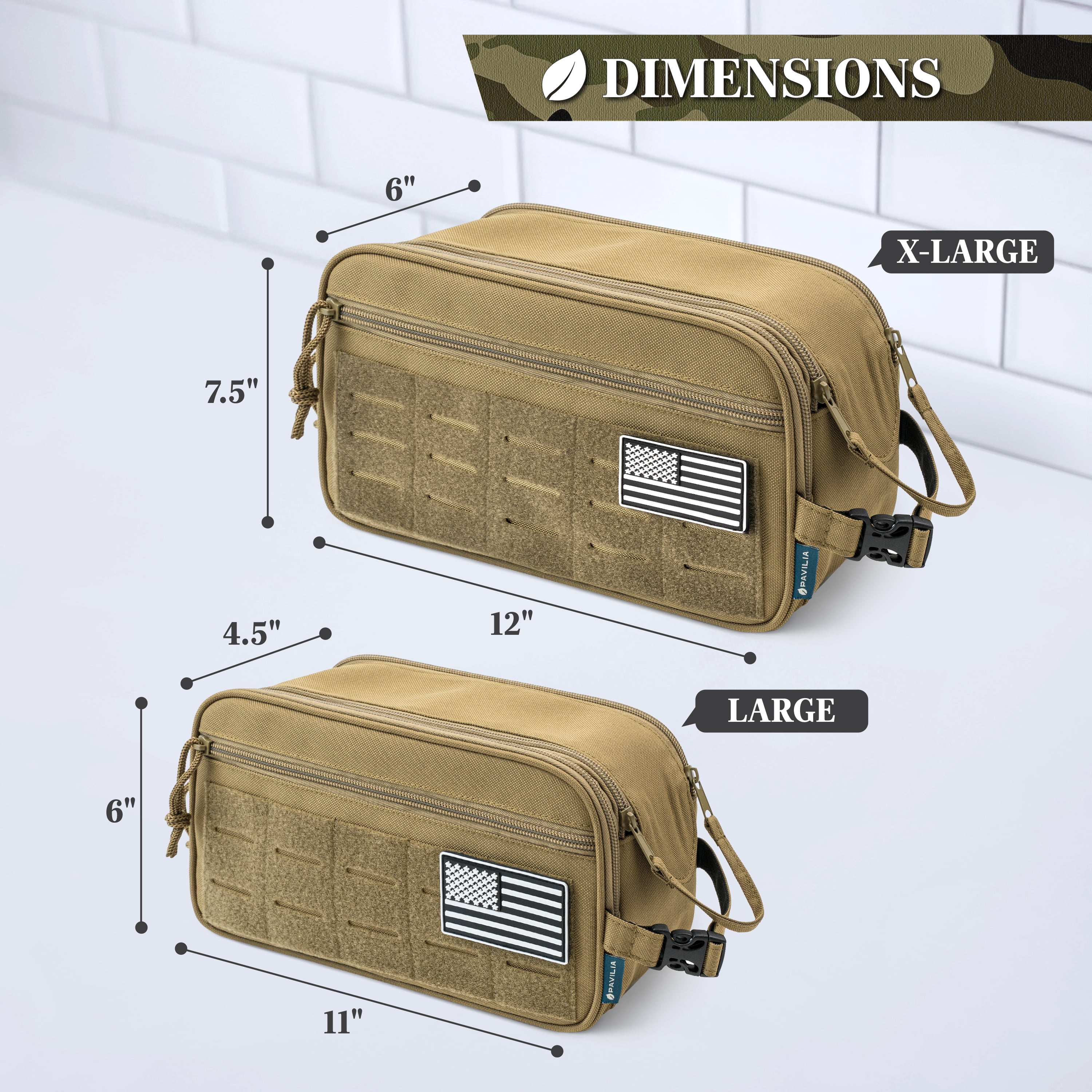 Pavilia Extra Large Tactical Toiletry Bag for Men, Hygiene Travel Bag, Military Dopp Kit, Water Resistant Molle Pouch, Mens Shaving Grooming Essentials,wer Small Organizer Case, Tan Brown