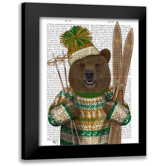 Fab Funky 12x14 Black Modern Framed Museum Art Print Titled - Bear in Christmas Sweater
