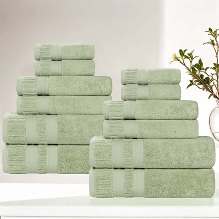 Superior Venice Ribbed Textured Border Zero Twist 12 Piece Towel Set Green