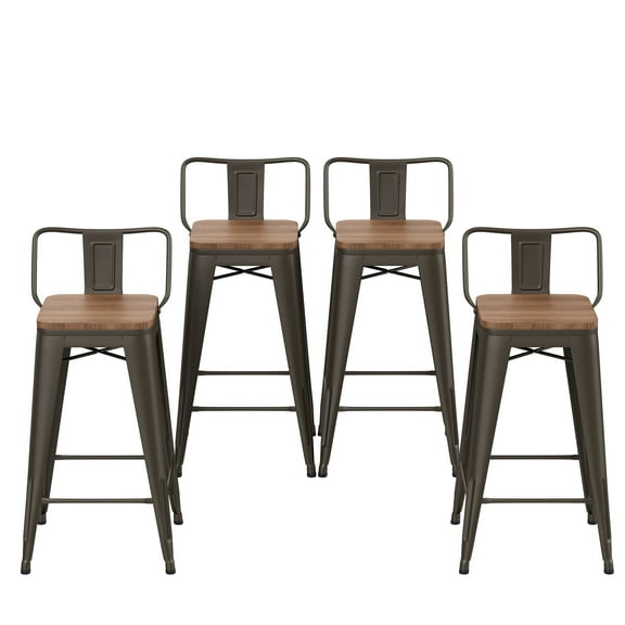 Andeworld 24" Metal Bar Stools Set of 4 Counter Height Stools with Wood Top Low Back Gunmetal
