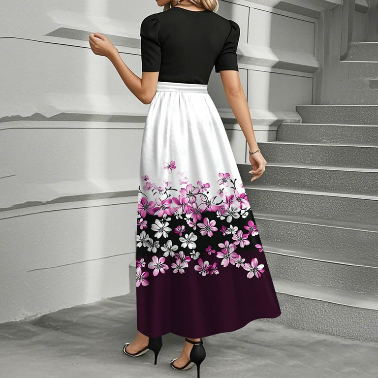 UoCefik Formal Dresses For Women Wedding Guest Summer Floral Print Short  Sleeve Dresses Wrap Elegant Sundress Fashion Casual Flowy Maxi Dress Purple  M - Walmart.com