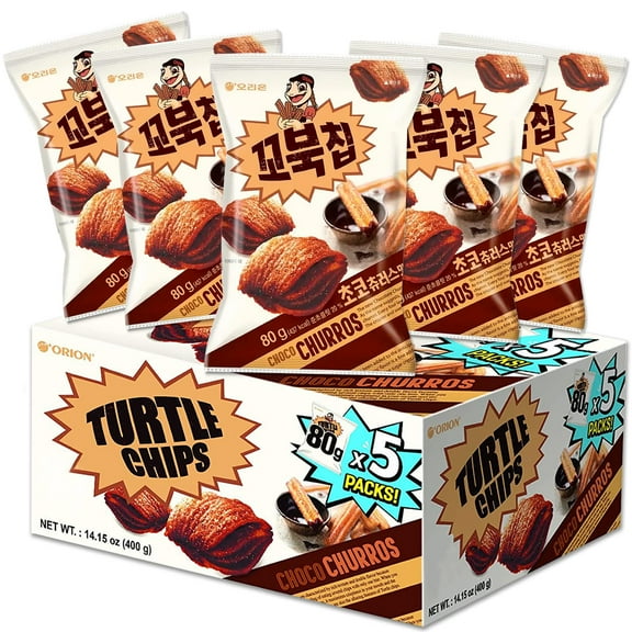 K-Munchies Orion Turtle Chips GP27 - 5 Packs of 80-gram Churro Flavor Korean Chips - Sweet, Crispy Korean Snacks with Hint of Cinnamon - Bite-Sized, On-The-Go Korean Corn Snack Chips