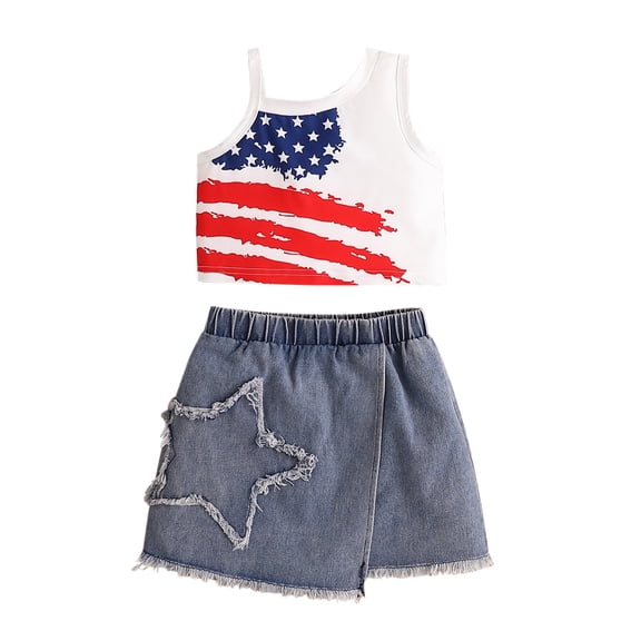 Ruyang Patriotic 2 Piece Outfits for Girls American Flag Sleeveless Crop Tank Tops Star Denim Skirts 4th of July Kids Summer Clothes