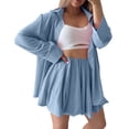 thumbnail image 2 of IUYRTFE Women Long Sleeve Button Down Top and High Waist Ruffle Shorts Set Casual 2 Piece Outfit, 2 of 9