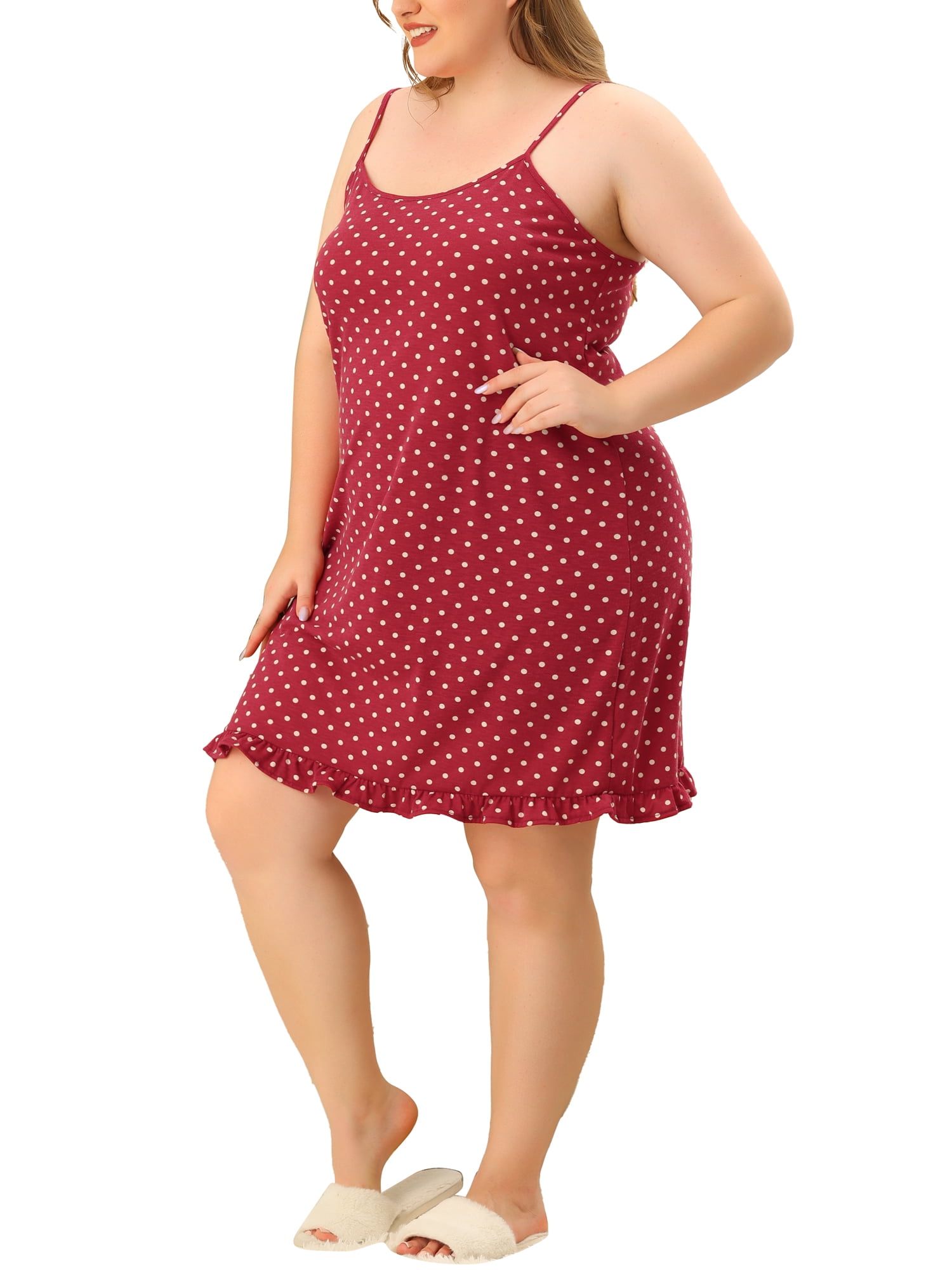 Unique Bargains Women's Plus Pajamas Adjustable Strap Polka Dots Ruffle Nightgown