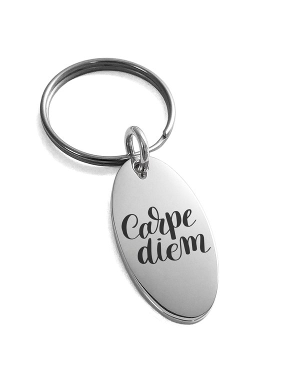 Stainless Steel Carpe Diem Calligraphy Engraved Small Oval Charm Keychain Keyring