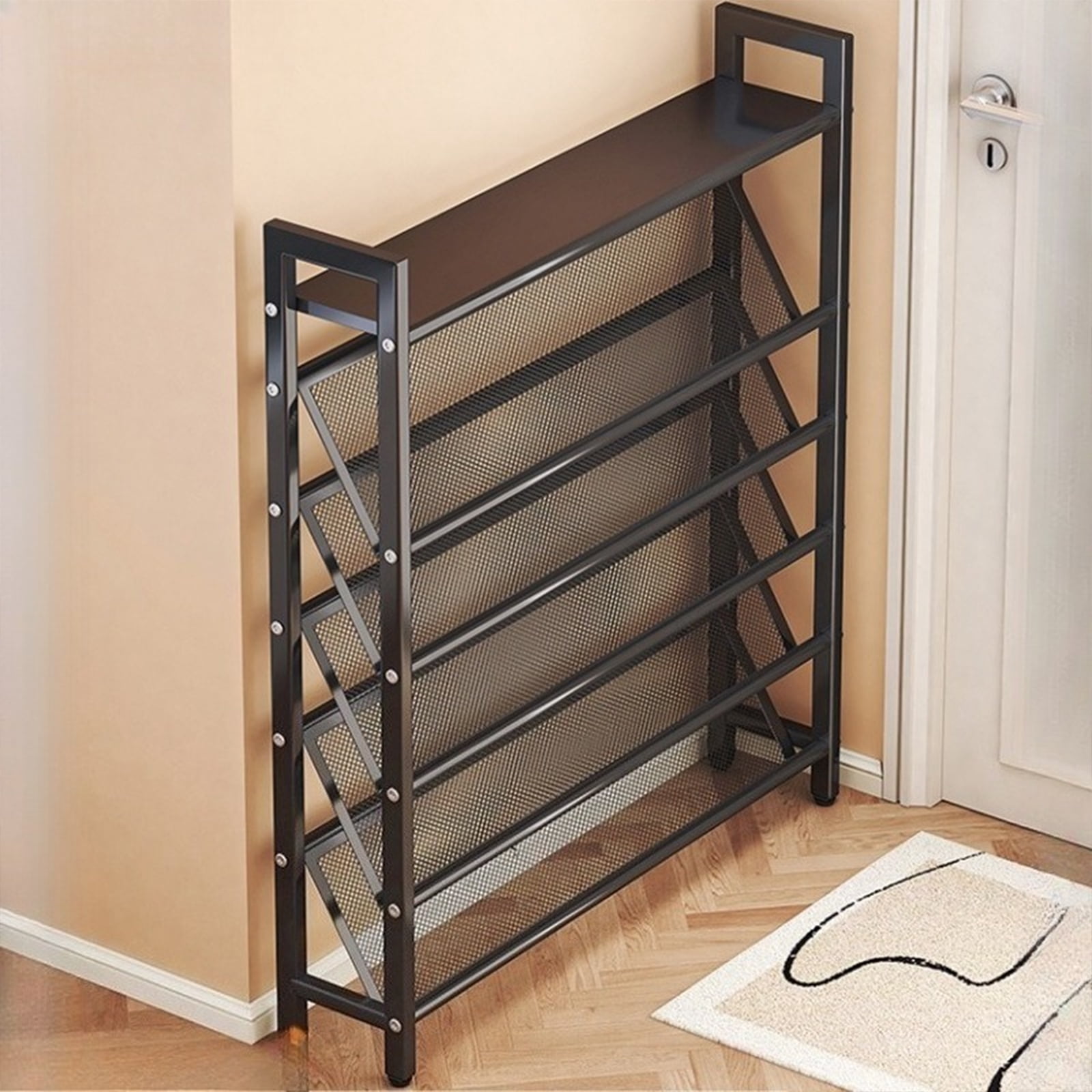 SHegdu Metal Shoe Racks,5-Tier Vertical Narrow Slanted Storage Shelf 25-30 Shoes for Bags Magazine Jewelry Display (Black, 35 inch)