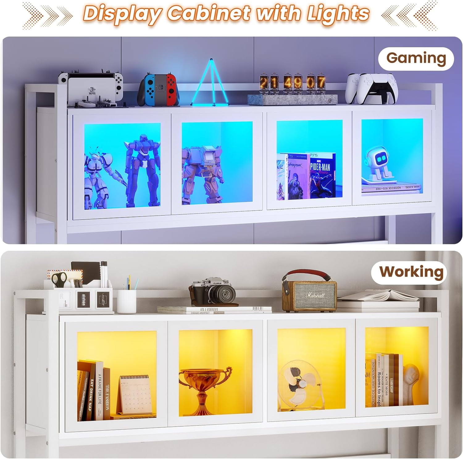 L-Shaped Computer Desk with LED Strips&Display Cabinet Reversible Gaming Desk with Power Outlets/5 Drawers/Pegboard for Office, White