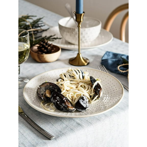 Dinner Plates 10 Inch, Ceramic Dish Set for Kitchen, Embossed Serving Dish, Microwave Oven Dishwasher Safe, For Housewarming or Wedding - Set of 4, Arctic white