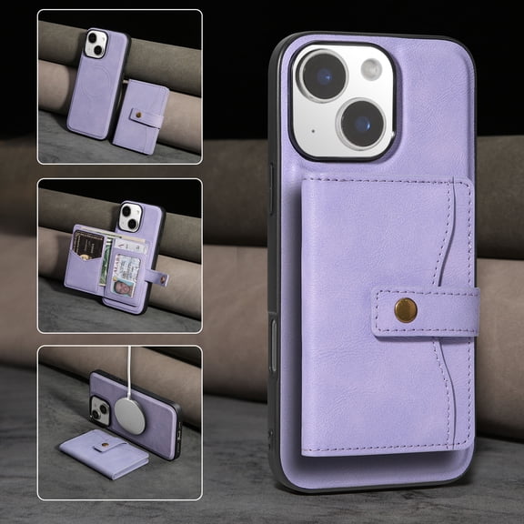 2 in 1 Magnetic Detachable Wallet Case for iPhone 15 Plus, Premium PU Leather RFID Blocking Wallet Card Holder Business Style Shockproof Phone Case Supporting Wireless Charging,Purple