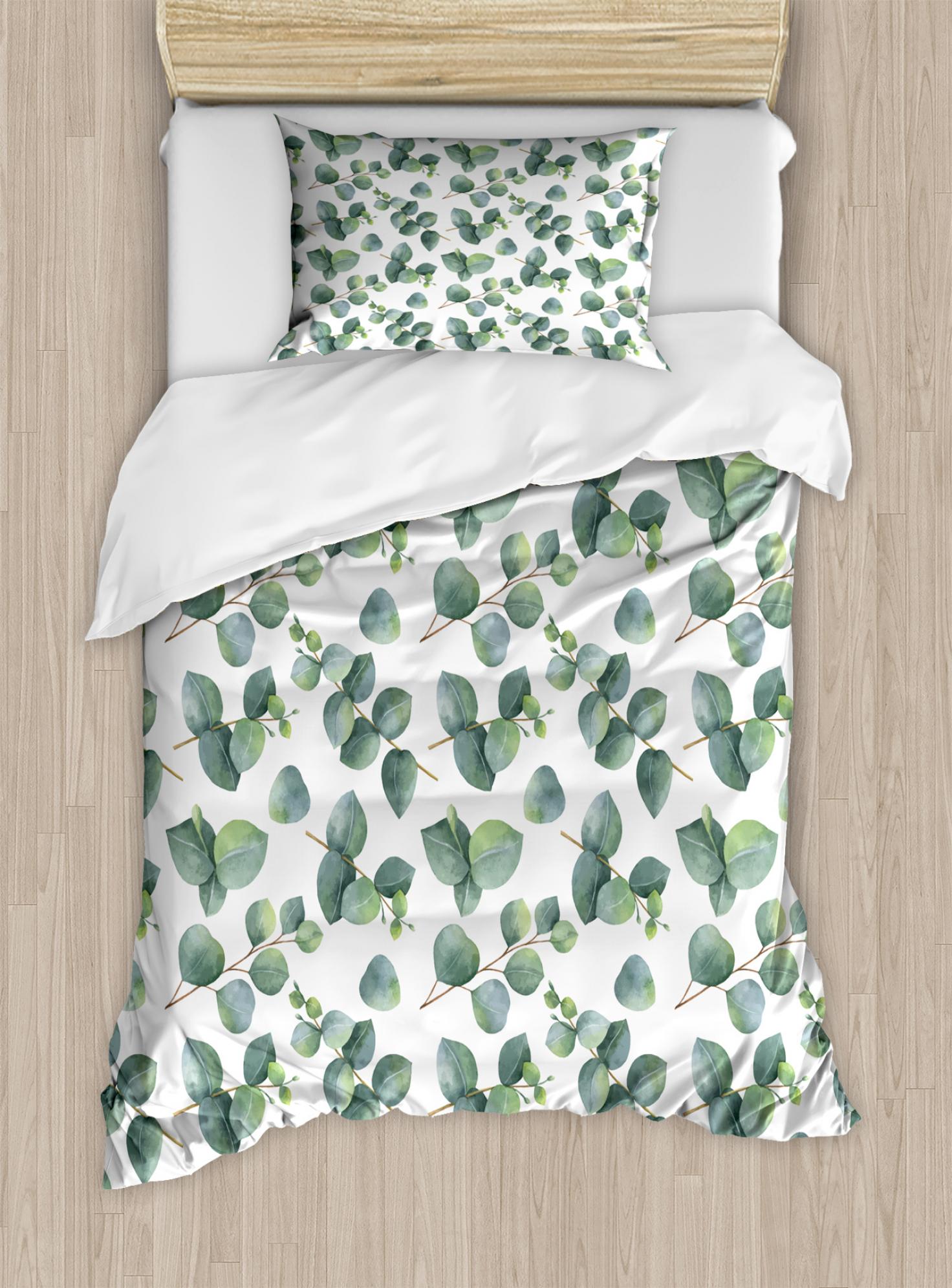 Leaf Duvet Cover Set, Watercolor Style Pattern with Silver ...