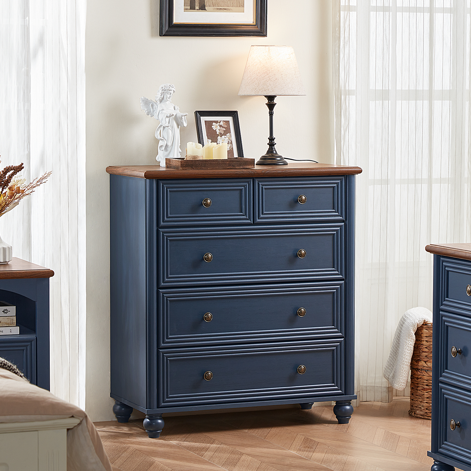 LELELINKY Dresser with 5 Drawers, Wood Tall Chest, Built-in Handle Drawers for Bedroom, Home, Living Room, Hallway - Blue