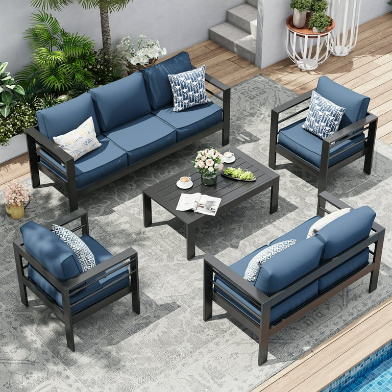Techmilly Oversized Aluminum Patio Furniture Set Modern Metal Outdoor Patio Conversation Sets Patio Sectional Sofa Set with 5 Inch Cushion for Deck