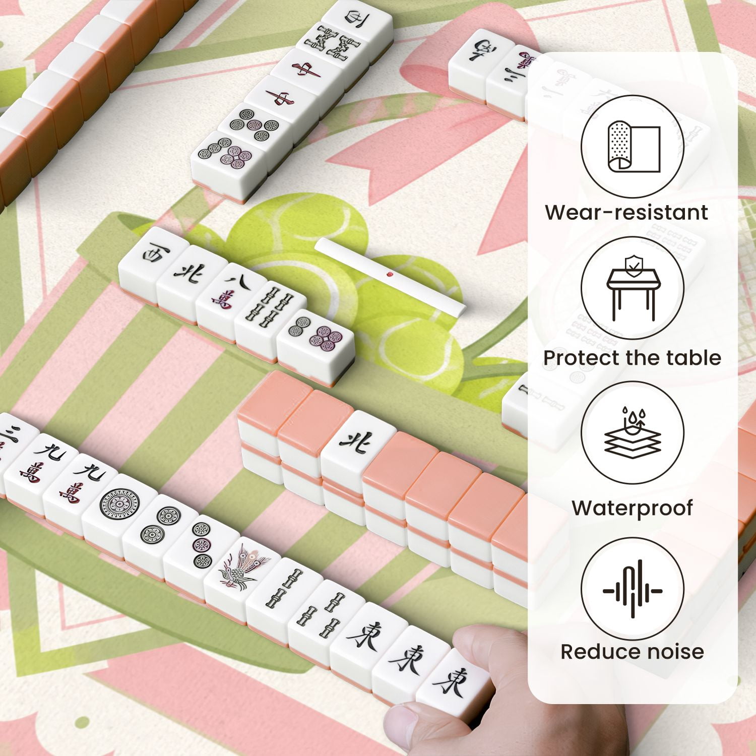 Mahjong Mat 31.5" x 31.5" Pastel Tennis Basket Green Pink Stripes Tennis Balls Racket Non-Slip Noise Reduction Mahjong Tiles Table Cover for Dominoes Poker Card Board and Tile Games