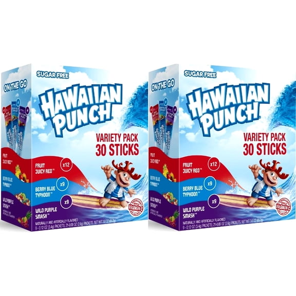 Hawaiian Punch Sugar Free On The Go Drink Mix Sticks Variety Pack, Two 30 count boxes, 3.0 oz each box