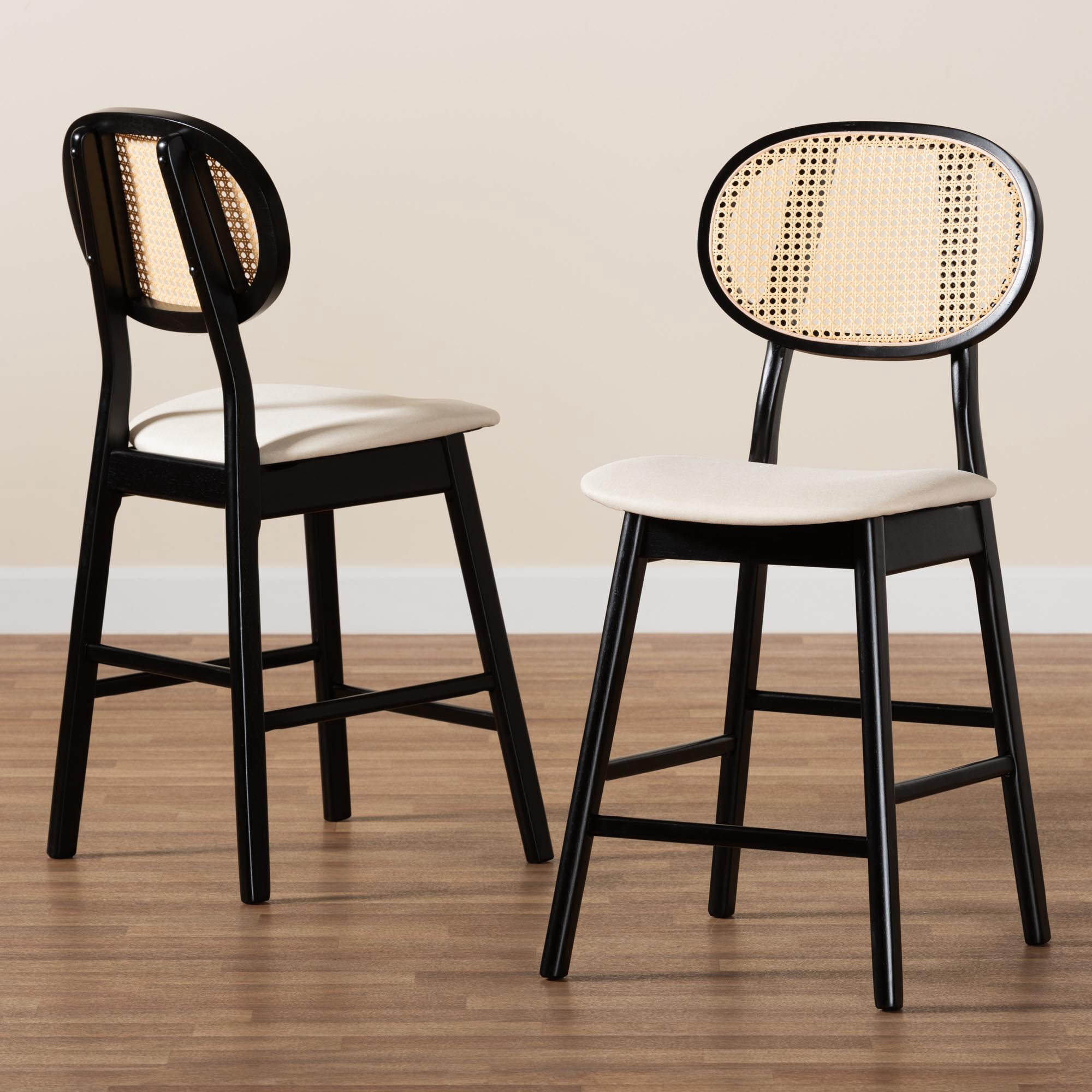 Baxton Studio Darrion Mid-Century Modern Cream Fabric and Black Finished Wood 2-Piece Counter Stool Set
