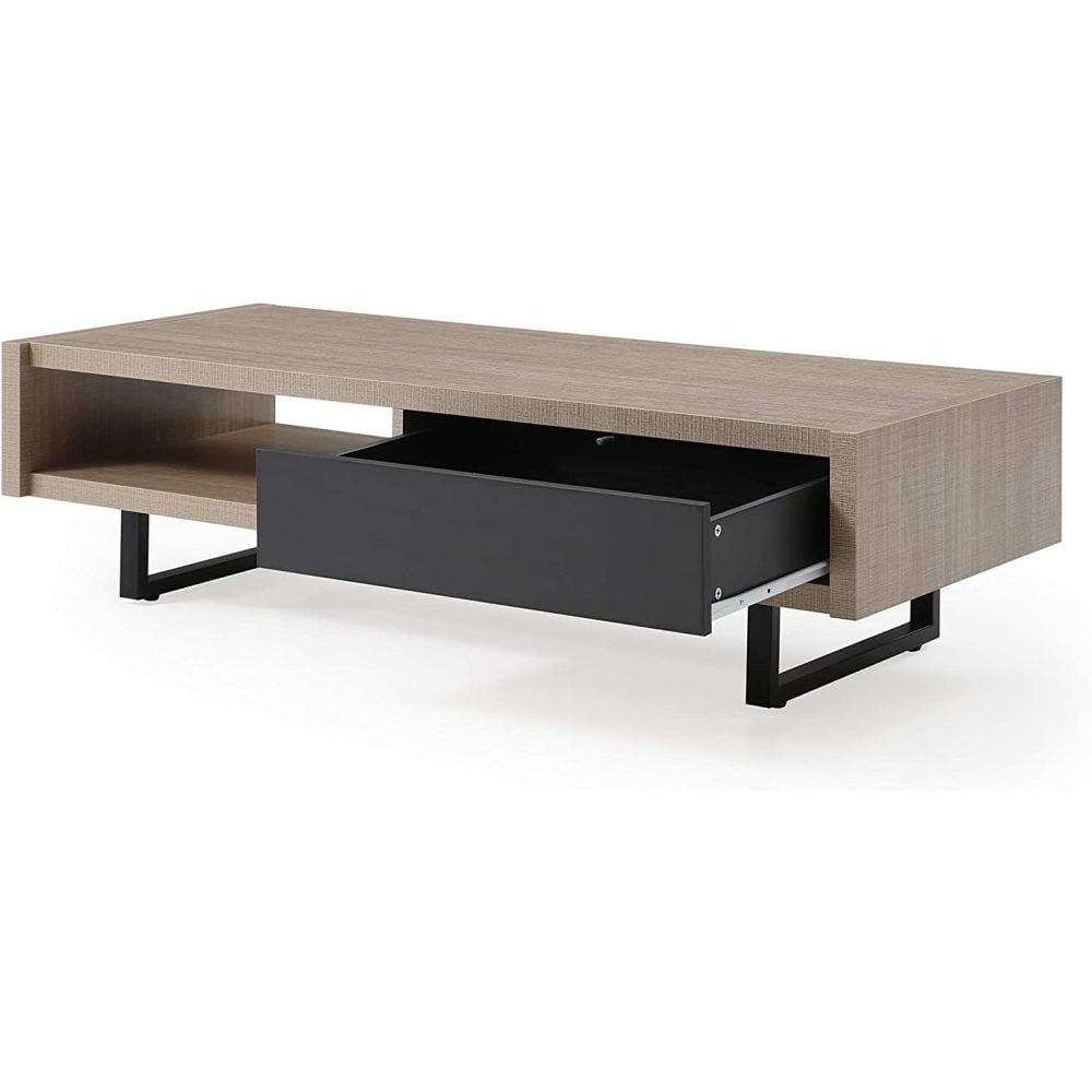Mid‑Century Modern Ash Coffee Table Tan 47.2 L × 19.7 W ×13.8 H Engineered Wood Cocktail Table with Storage Drawer & Open Cubby Metal Legs for Living Room