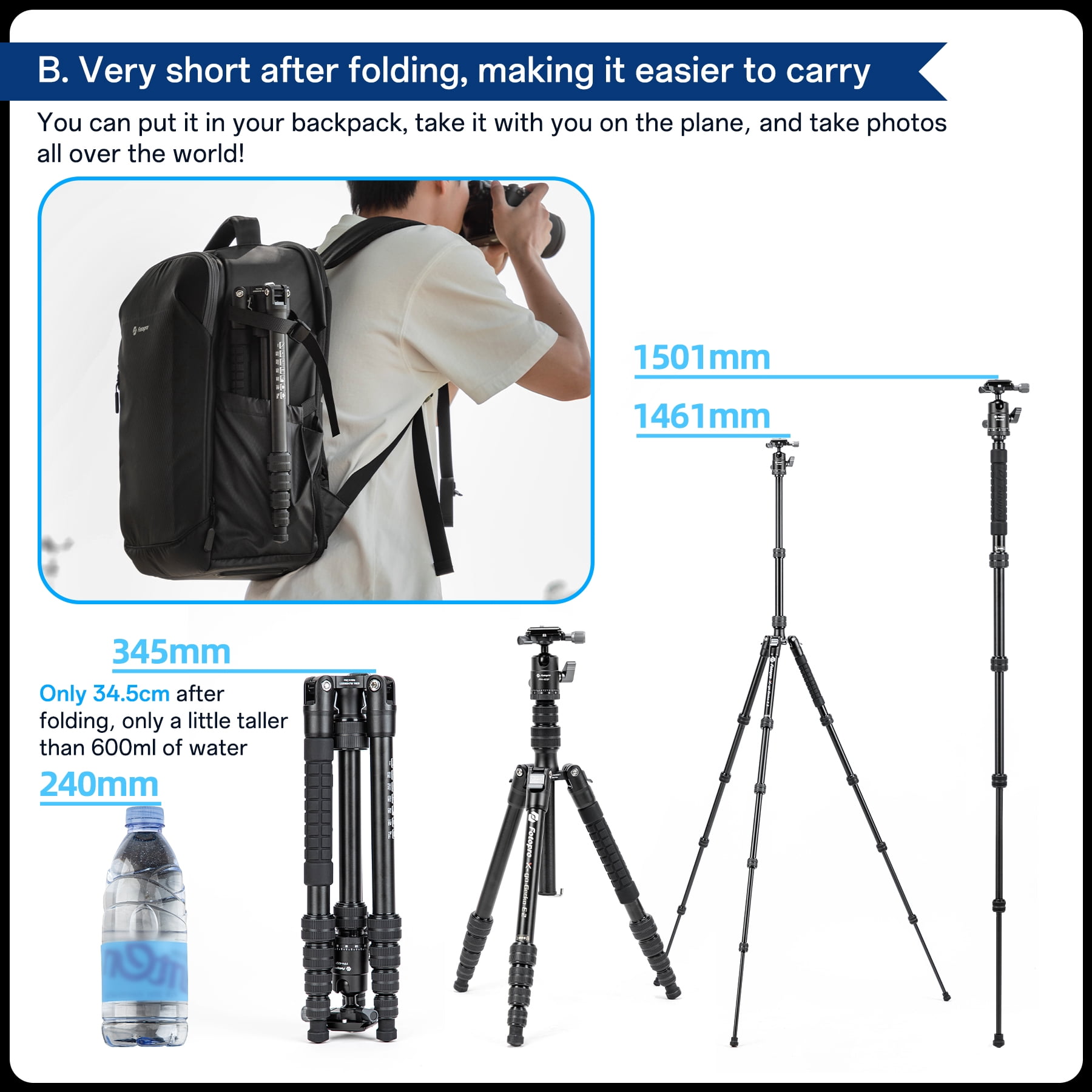 Fotopro 58" Aluminum Camera Tripod with Ball Head, Lightweight & Stable, Detachable Monopod with QR Plate, Inverted Center Column, Max Load 8kg/17.6 lbs, X-Go Gecko E 2