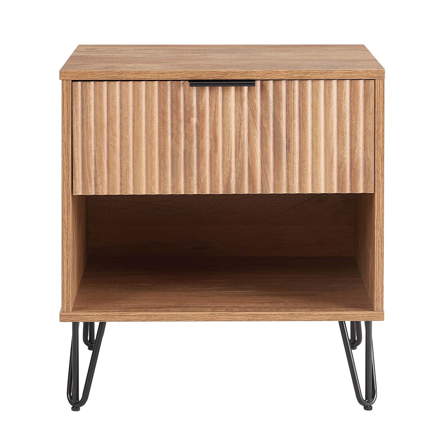 Nightstand, Modern Glam Bedside Table with 1 Drawer, Vertical Ribbed Texture, Gold Handle and Splayed Metal Legs, Storage End Table for Bedroom Living Room, Brown
