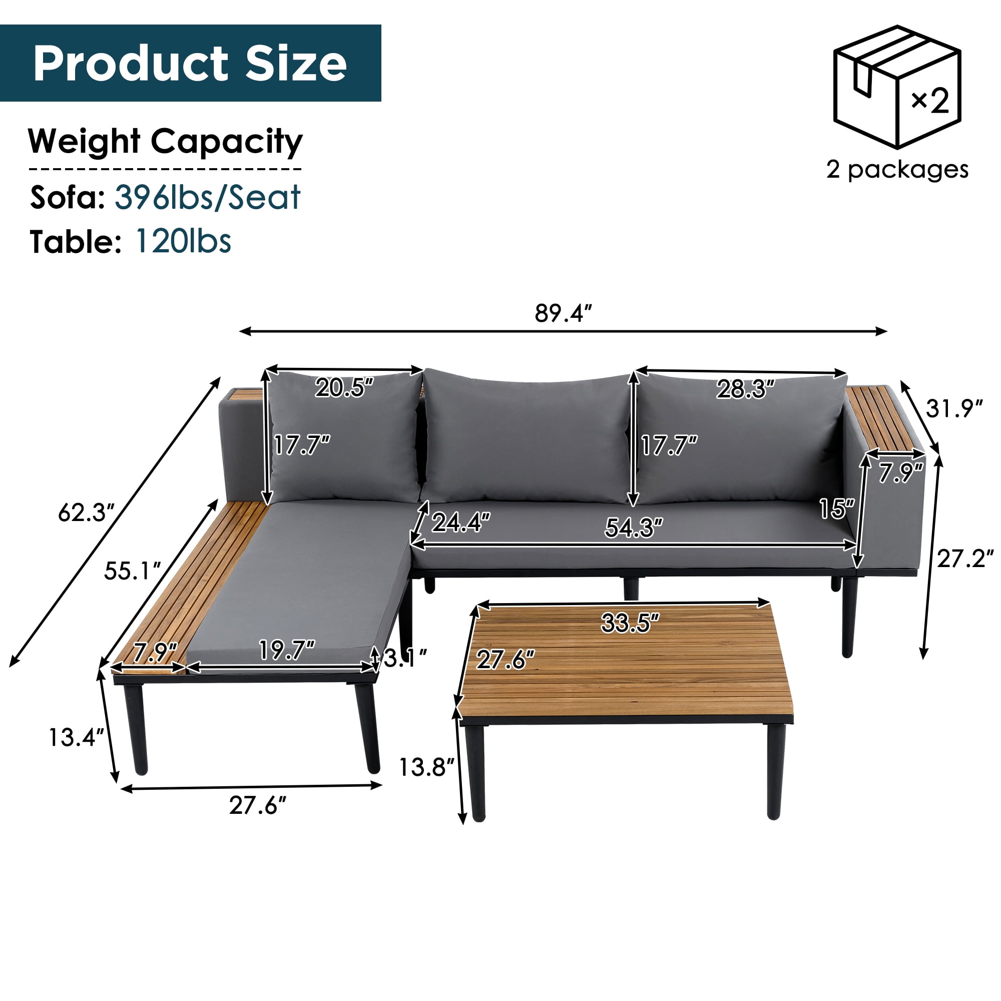 Acacia Wood L-Shaped Outdoor Sectional Sofa, Patio Conversation Set with Removable Cushions, Coffee & Side Table for Porch Backyard
